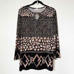 Susan Graver Liquid Knit Tunic Top Multi Print Geometric Womens Medium Office